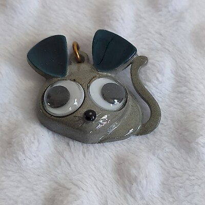 #ad Vintage Mouse Pendant Googly Eyes Makers Mark Enamel Painted 3D Necklace Charm $11.99