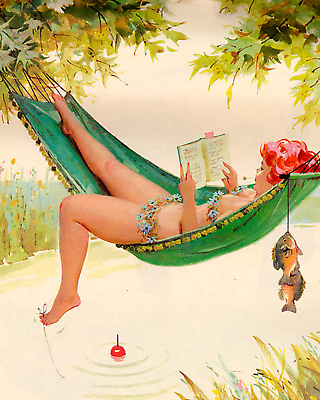 #ad Duane Bryers#x27; plump and pretty Hilda Fishing from the Hammock art painting print $7.19