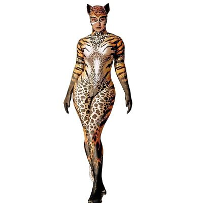 #ad Women Cat Print Skinny Jumpsuit Sexy Party Show Performance Stage Wear Costume $126.72