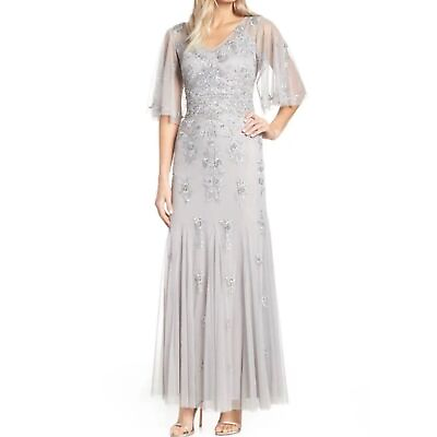 #ad Adrianna Papell Silver Beaded Embroidered Chiffon Maxi Gown Flutter Sleeve $100.00