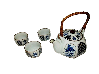 #ad VINTAGE Japanese Style Porcelain teapot With bamboo Handle 3 Matching Cups $19.54