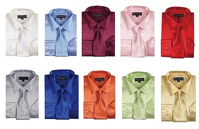 #ad Men#x27;s Fashion Shiny Satin Dress Shirt With Tie And Handkerchief 10 colors 15 20 $18.99