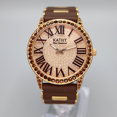 #ad Kathy Van Zeeland Ladies Watch Bronze Gold Jeweled Bezel and Dial w New Battery $9.99
