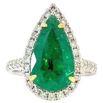 #ad Pear Syn Emerald Cocktail Ring 925 Sterling Silver Halo Style Women Luxe Jewelry $272.00