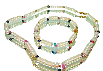 #ad 14K Gold Clasp Cultured Pearl Multi Sapphire Briolette Necklace Bracelet Set $189.00