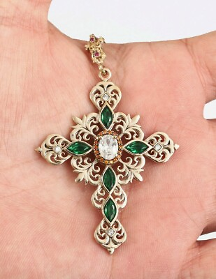 #ad #ad PENDANT CROSS NATURAL WHITE TOPAZ 925 STERLING SILVER YELLOW GOLD COATED 2 7 8quot; $146.00