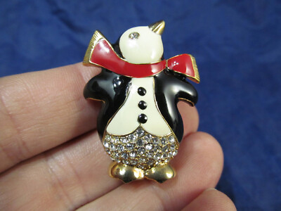 #ad Fun Gold Tone Enamel amp; Crystal Winter Holiday Penguin Pin Brooch with Scarf $20.00