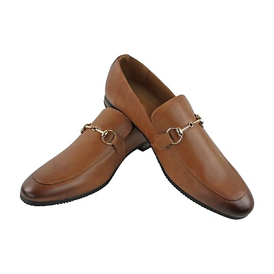 #ad Genuine Leather Mens Cognac Brown Slip On Loafers Gold Buckle Dress Shoe AZARMAN $49.00