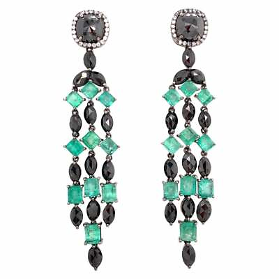 #ad Lab Created 5.98CT Emerald and Black 7.56CT Onyx Chandelier Women Silver Earring $370.00