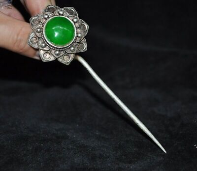 #ad China dynasty palace silver Inlay green jade gem Exquisite flower Hairpin $84.15