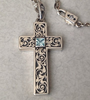 #ad Vintage Floral Overlayed Sterling Cross W Topaz CZ On 18quot; Chain Konder #200 $59.95