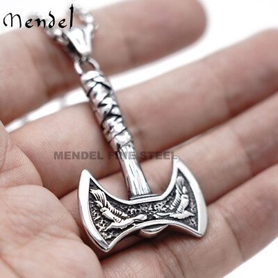 #ad MENDEL Mens Nordic Viking Raven Axe Pendant Necklace Jewelry Men Stainless Steel $12.99