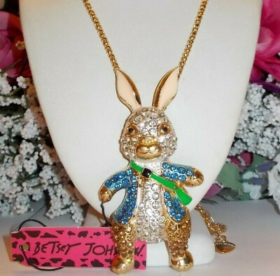 #ad BETSEY JOHNSON CUTE CRYSTAL MR. RABBIT IN BLUE A SUIT PENDANT NECKLACE $31.99