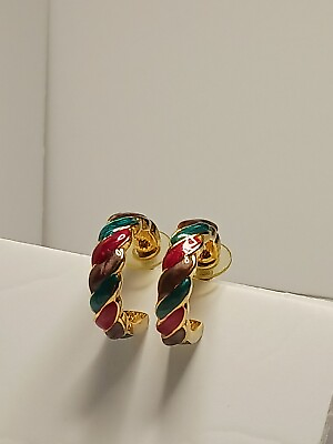 #ad Vintage Gold Toned Half Hoop Earrings Red Green Gold Enamel Christmas $6.50