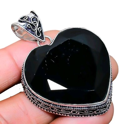#ad Onyx Black Gemstone Handmade 925 Sterling Silver Jewelry Heart Cut Pendant $11.49