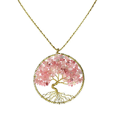 #ad Pink Glass Eternal Tree of Life Brass Long Necklace $11.99