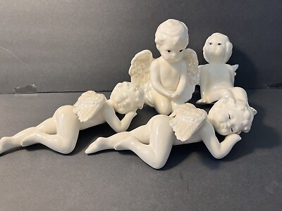 #ad Set Of 4 Large 10” Porcelain Ceramic Angels Cherubs W Opalescent Wings $29.09