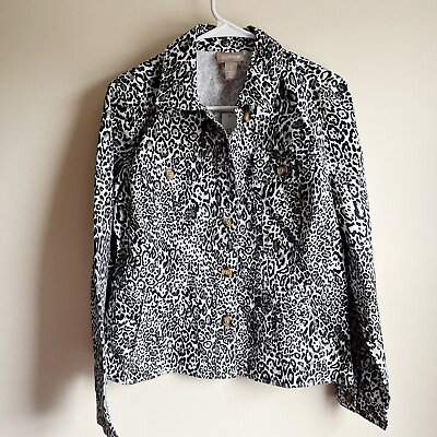 #ad Chicos Classic Cheetah Peplum Button Denim Jacket Medium Heatherstone Taupe NWT $29.99