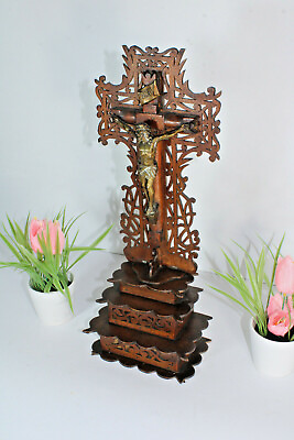 #ad Antique French wood cut religious crucifix cross $260.00