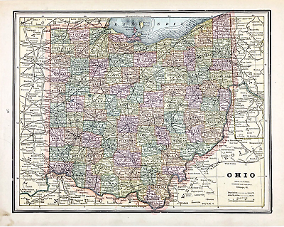 #ad 1889 OHIO Map ORIGINAL Dayton Akron Cleveland Sandusky Columbus Cincinnati $57.88
