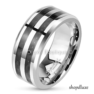 #ad Men#x27;s 9mm Wide Stainless Steel Black Carbon Fiber Inlay Ring Band Size 9 13 $10.99