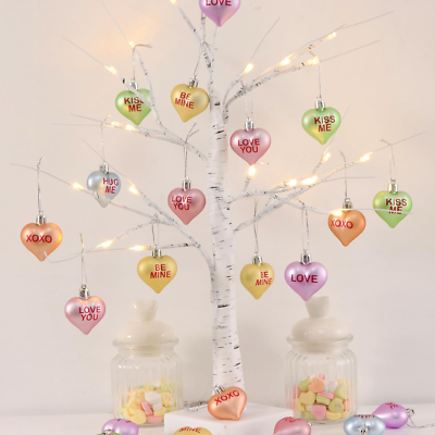 #ad Valentines Day Decor Lighted Birch Tree with 24Pcs Candy Heart Tree Ornaments $29.99
