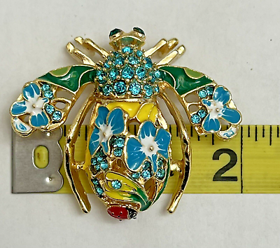 #ad Aqua Blue Enamel Vintage Crystal Rhinestone Bee Insect Flower Brooch Pin Green $13.13