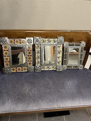 #ad LOT THREE Handmade Punched Tin Talavera Tile Rectangle Mirrors 13x11 $219.00