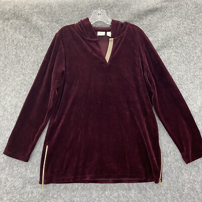 #ad Chicos Zenergy 1 Velour Tunic Shirt Top Size Medium Burgundy Long Sleeve Hood $13.46