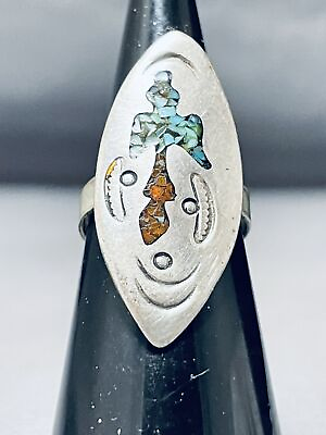 #ad SIGNED OLDER VINTAGE NAVAJO AUTHENTIC TURQUOISE CORAL STERLING SILVER RING OLD $220.07