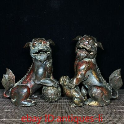 #ad 7.4quot;A pair of Chinese antique copper and gold lions with live heads $251.16