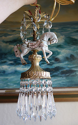 #ad White porcelain Horse Carousel Lamp spelter brass Swag Chandelier Vintage 15#x27;crd $245.00