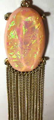 #ad Peach Iridescent Necklace Pendant Salmon Lucite Gold Tone Vintage Chain Tassels $12.85