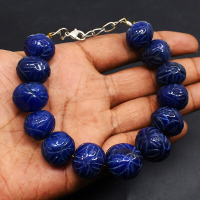 #ad 381 Cts Earth Mined 7quot; Long Sapphire Round Shape Carved Beads Bracelet JK 51E346 $54.00