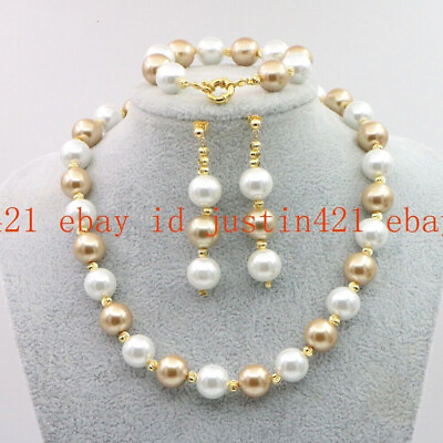 #ad Fashion 10mm Multicolor Shell Pearl Round Necklace Bracelet Earrings 18 7.5quot; Set $8.09