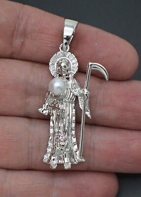 #ad Real 925 Sterling Silver Icy Bling CZ 3D Santa Muerte Pendant Charm 8.5 Grams $52.95