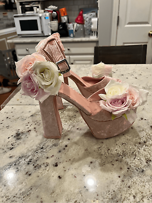 #ad Sugar Thrillz Pink Velvet Roses Platform Open Toe Strappy Heels sz 11 NWOB $90.00