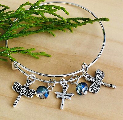 #ad Dragonfly Charms amp; Rainbow Glass Beads bright Silver Expandable Bangle Bracelet $4.50