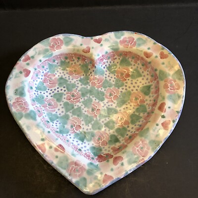 #ad Red clay heart shaped glaze dip pottery dish signed 9quot; x 7quot; $29.95