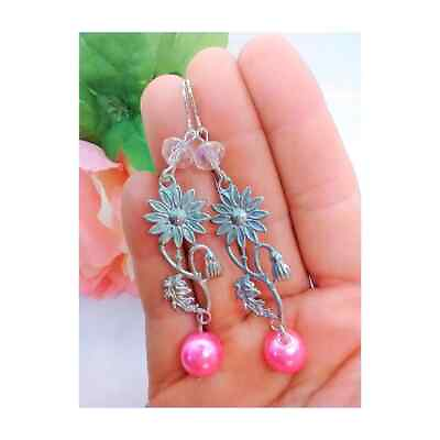 #ad Pink Pearl Flower Leaf Branch Crystal Silver Dangle Earrings $12.99