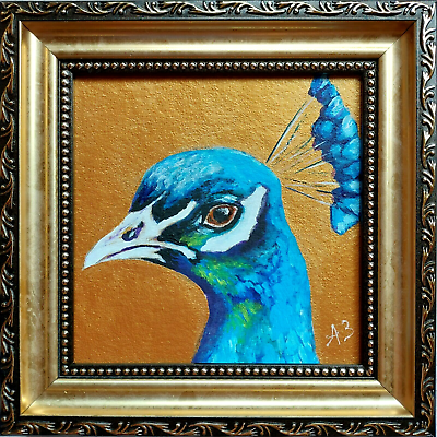 #ad Peacock painting Original Blue bird portrait artwork small framed gold art $50.00