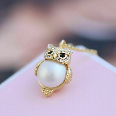 #ad 1Ct Round Diamond Pearl Women#x27;s Tiny Owl Pendant 14K Yellow Gold Plated Silver $129.59