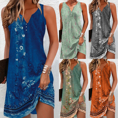 #ad Women Summer Floral Beach Tank Dress Ladies Boho Holiday Button Casual Sundress $19.99