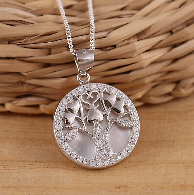 #ad Solid 925 Sterling Silver Tree of Life Mother of Pearl CZ Pendant Necklace Boxed GBP 24.98