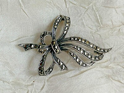 #ad Vintage French Sterling Silver Brooch Numbered A835 Marcasite stones Knot $109.00