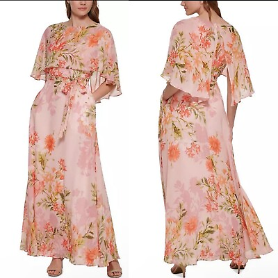 #ad Eliza J Womens Pink Floral Chiffon Maxi Cape Sleeve Evening Dress Gown Size 12 $39.00