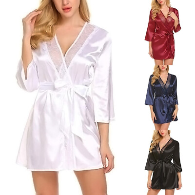 #ad Womens Sexy Wedding Sleepwear Bathrobe Silk Satin Lace Kimono Robe Dressing Gown $12.34