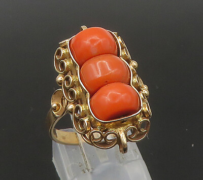 #ad POLAND 14K GOLD Vintage Victorian Coral Swirl Cocktail Ring Sz 7.5 GR199 $991.15