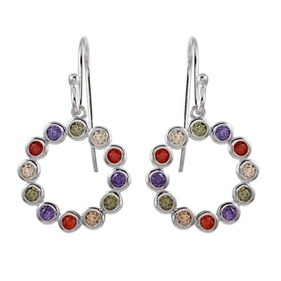 #ad Multi Color Sapphire Bezel Circle Dangle Earrings in Solid Sterling Sterling $43.16
