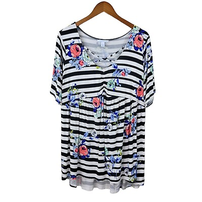 #ad Boutique Top Plus Size 1X boho Floral Rose Stripe Romantic blue Strappy tunic $21.59